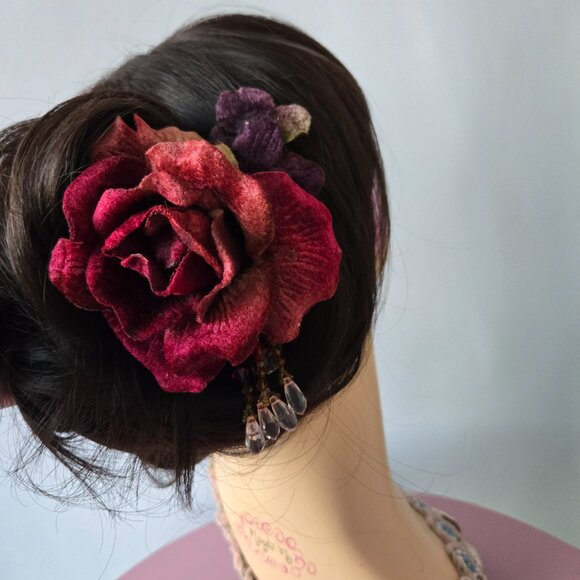 Handmade Red Velvet Millinery Rose and Beaded Fringe Hair Comb 1920s-Style - Picture 4 of 10
